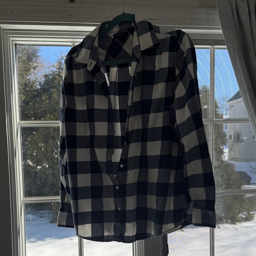 Lands' End Women's Navy and White Plaid Shirt